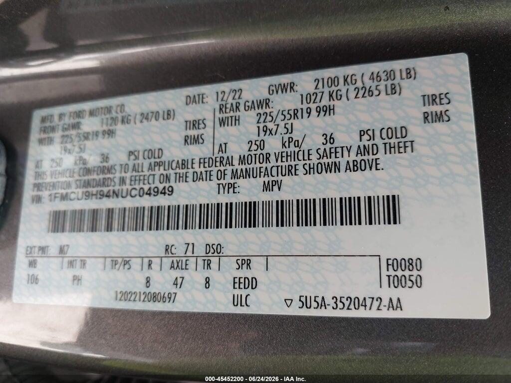 1FMCU9H94NUC04949 2022 FORD ESCAPE photo no. 9