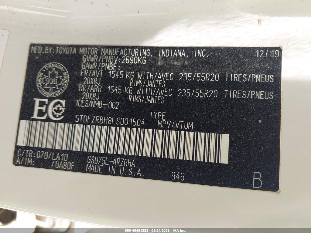 5TDFZRBH8LS001504 2020 TOYOTA HIGHLANDER photo no. 9