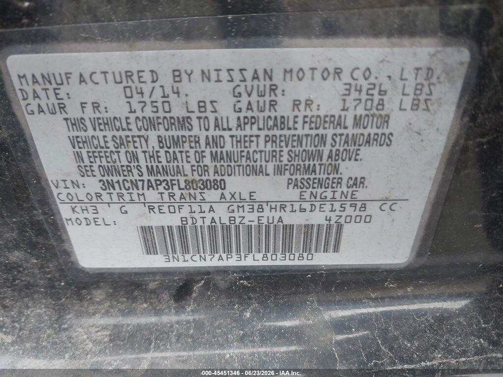 3N1CN7AP3FL803080 2015 NISSAN VERSA photo no. 9