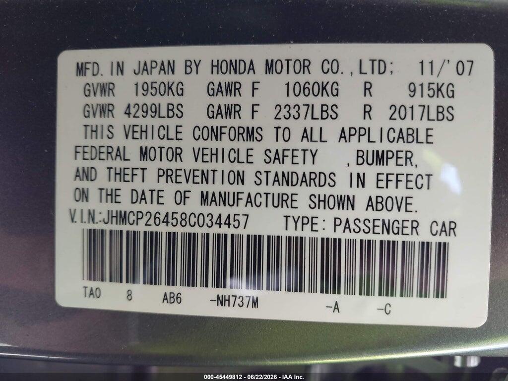 JHMCP26458C034457 2008 HONDA ACCORD photo no. 9