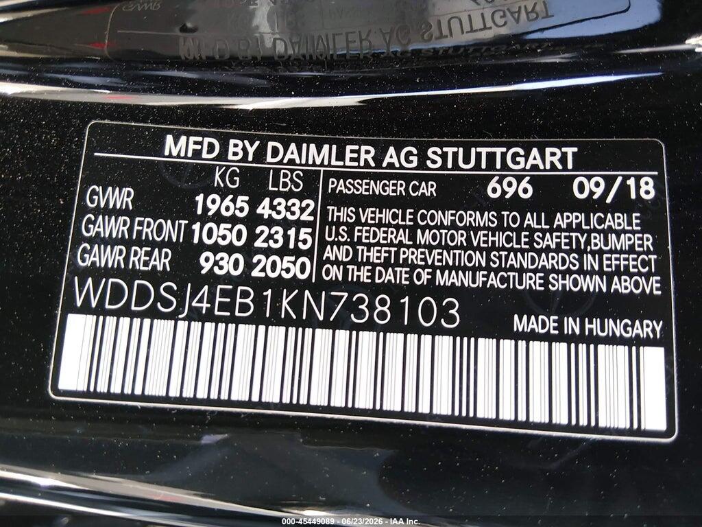 WDDSJ4EB1KN738103 2019 MERCEDES-BENZ CLA 250 photo no. 9