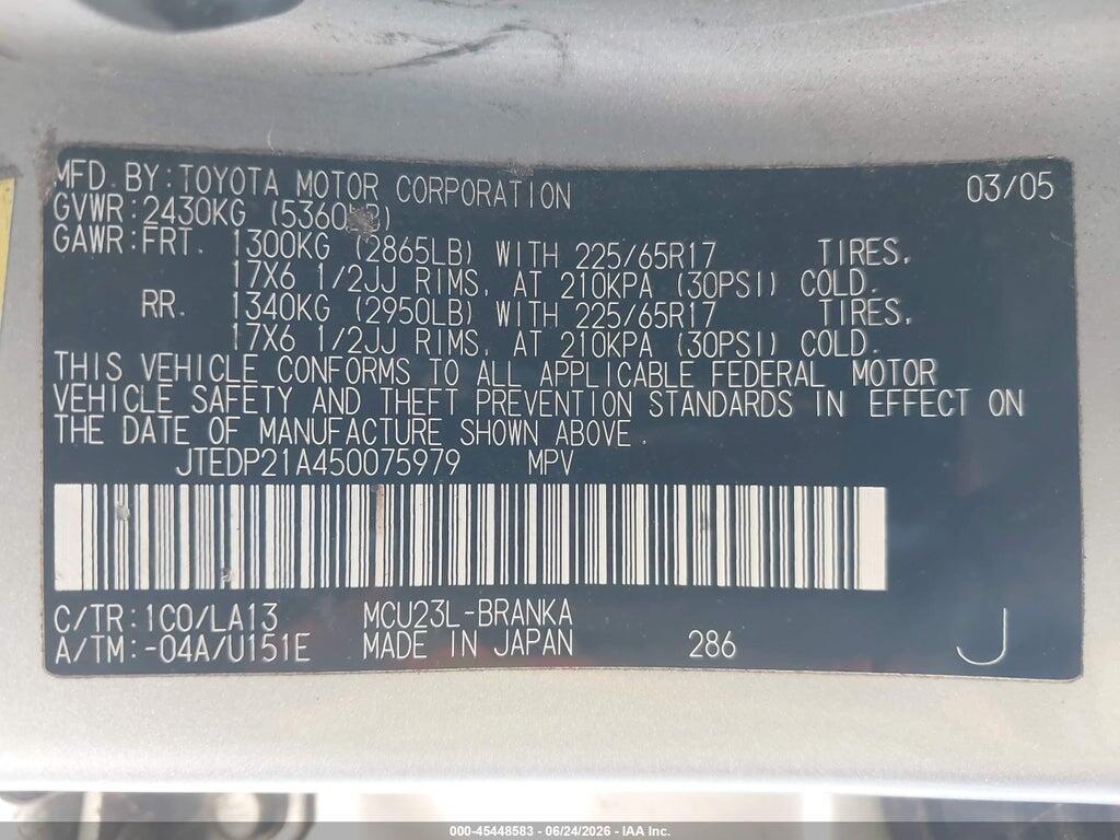 JTEDP21A450075979 2005 TOYOTA HIGHLANDER photo no. 9