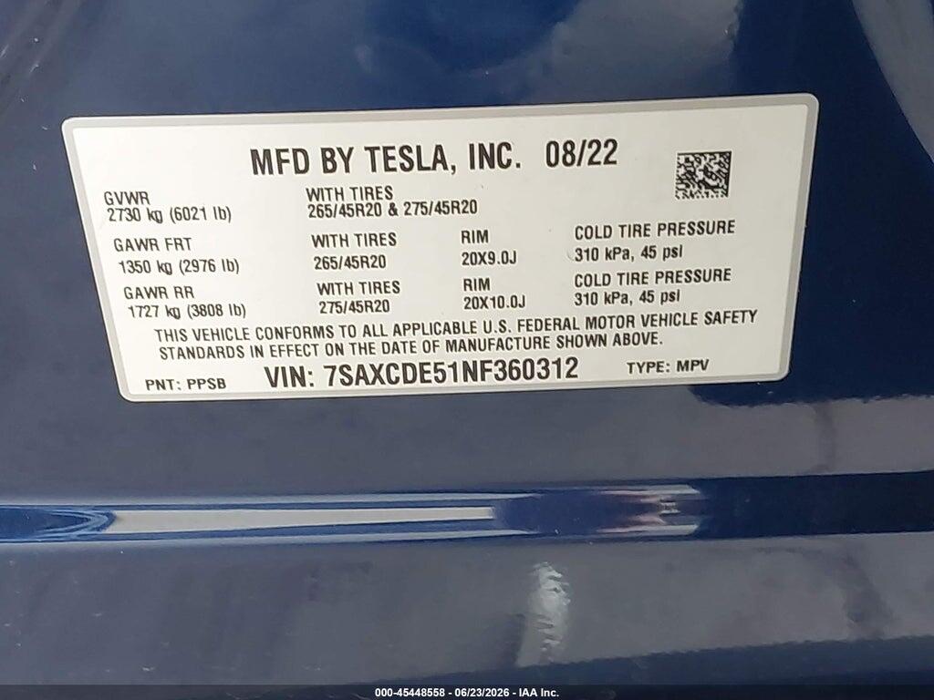 7SAXCDE51NF360312 2022 TESLA MODEL X photo no. 9