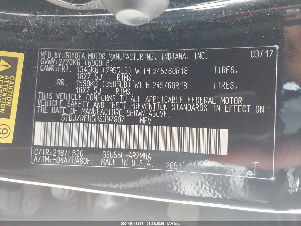 5TDJZRFH5HS397807 2017 TOYOTA HIGHLANDER photo no. 9