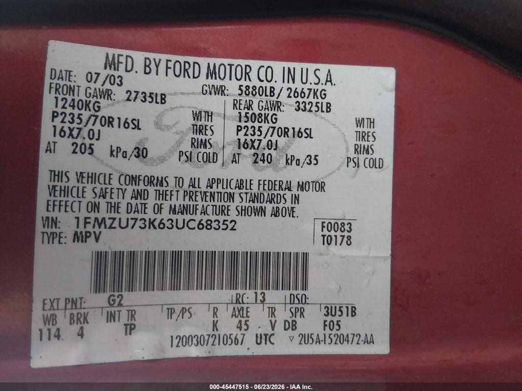 1FMZU73K63UC68352 2003 FORD EXPLORER photo no. 9