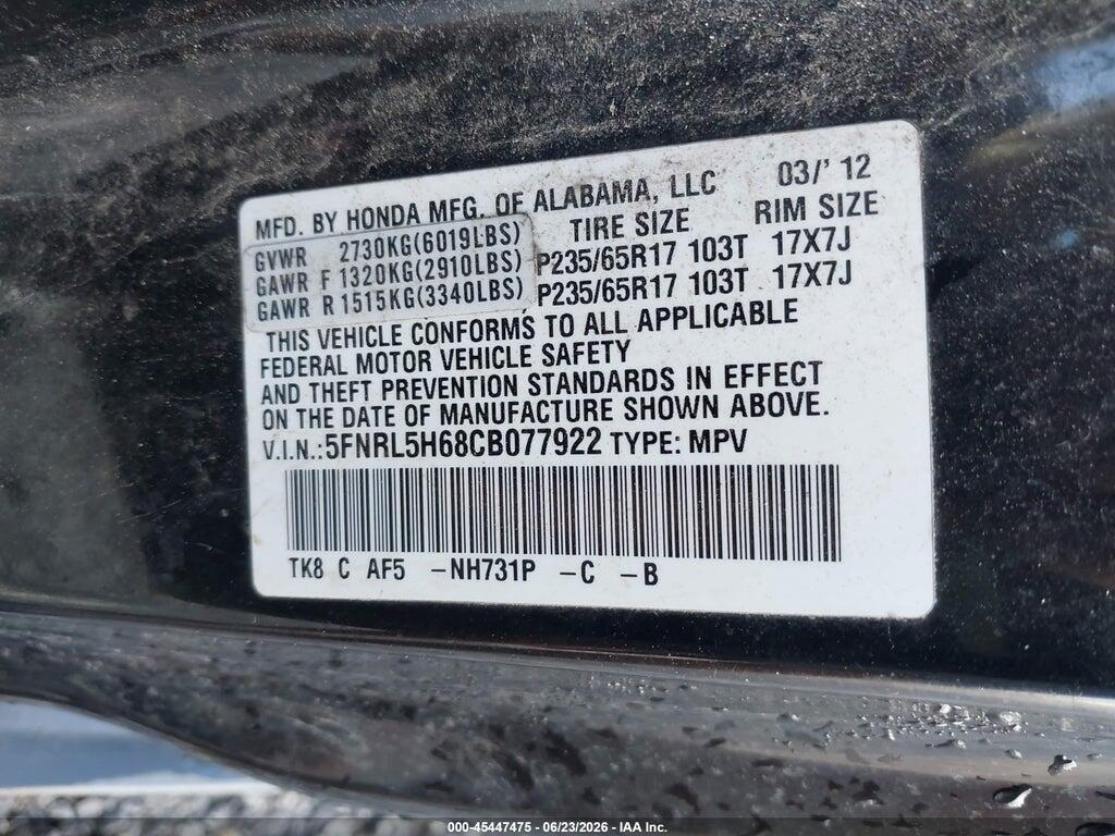 5FNRL5H68CB077922 2012 HONDA ODYSSEY photo no. 9
