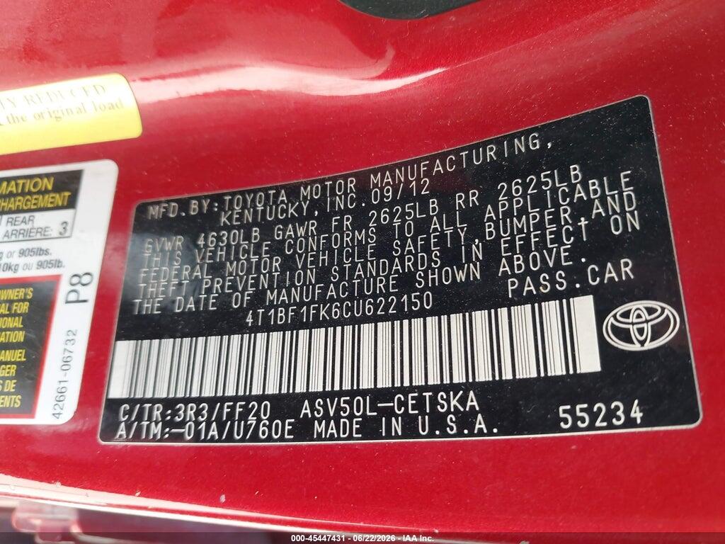 4T1BF1FK6CU622150 2012 TOYOTA CAMRY photo no. 9