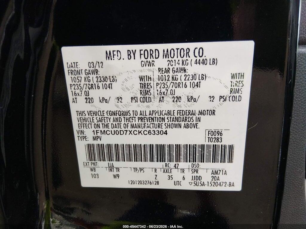 1FMCU0D7XCKC63304 2012 FORD ESCAPE photo no. 9
