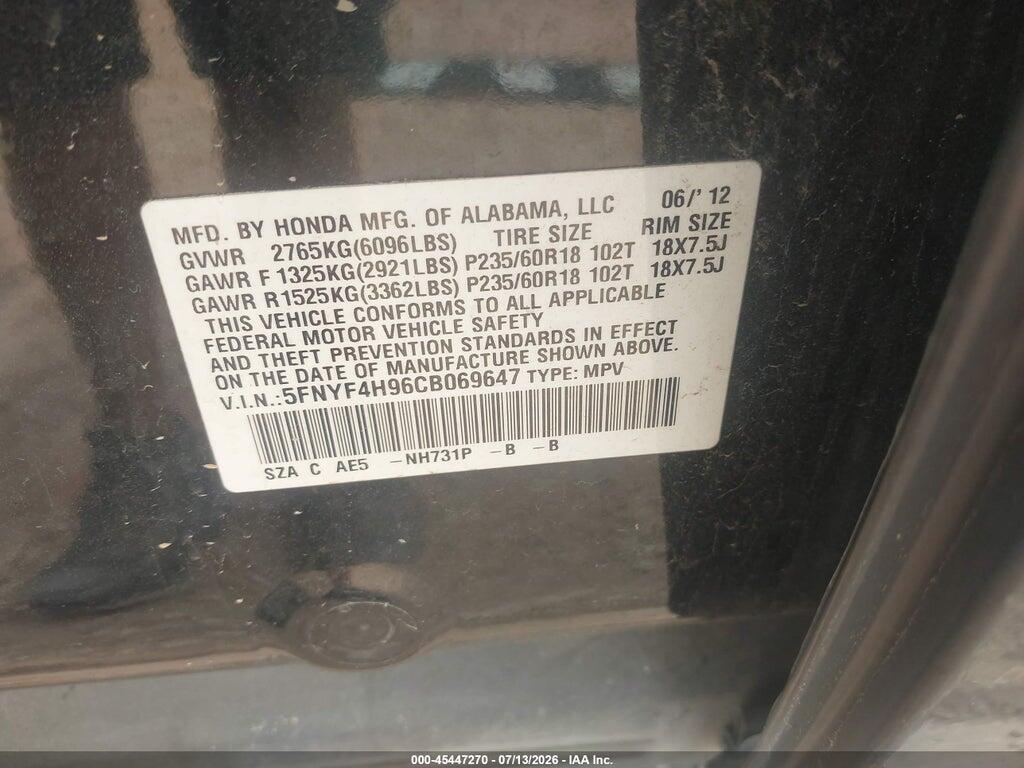 5FNYF4H96CB069647 2012 HONDA PILOT photo no. 9