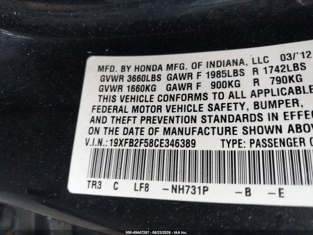 19XFB2F58CE346389 2012 HONDA CIVIC photo no. 9