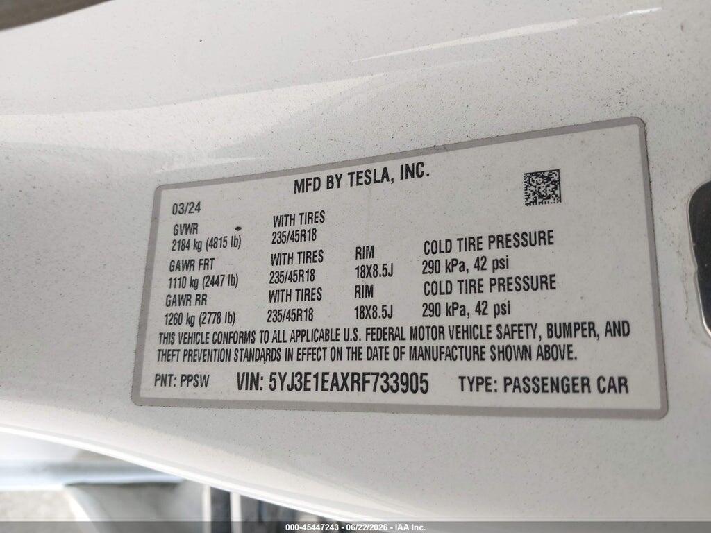 5YJ3E1EAXRF733905 2024 TESLA MODEL 3 photo no. 9