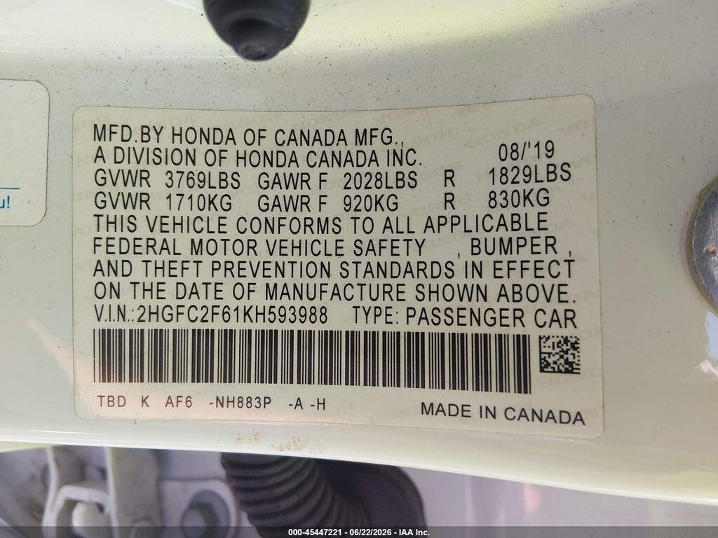 2HGFC2F61KH593988 2019 HONDA CIVIC photo no. 9