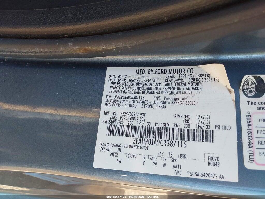 3FAHP0JA9CR387115 2012 FORD FUSION photo no. 9