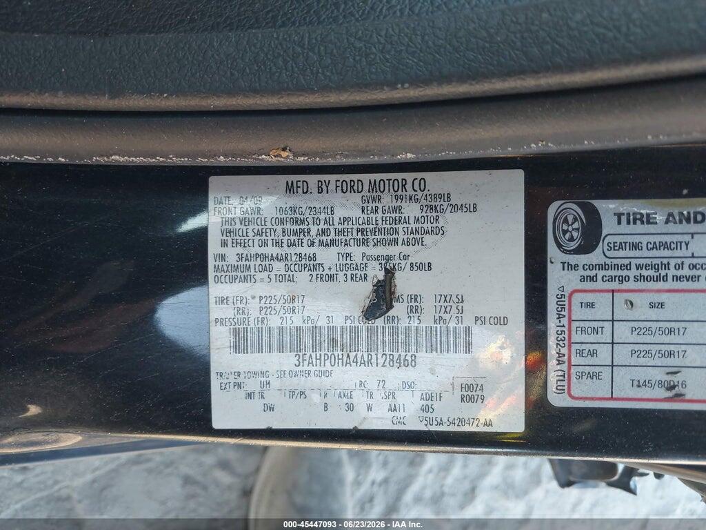 3FAHP0HA4AR128468 2010 FORD FUSION photo no. 9