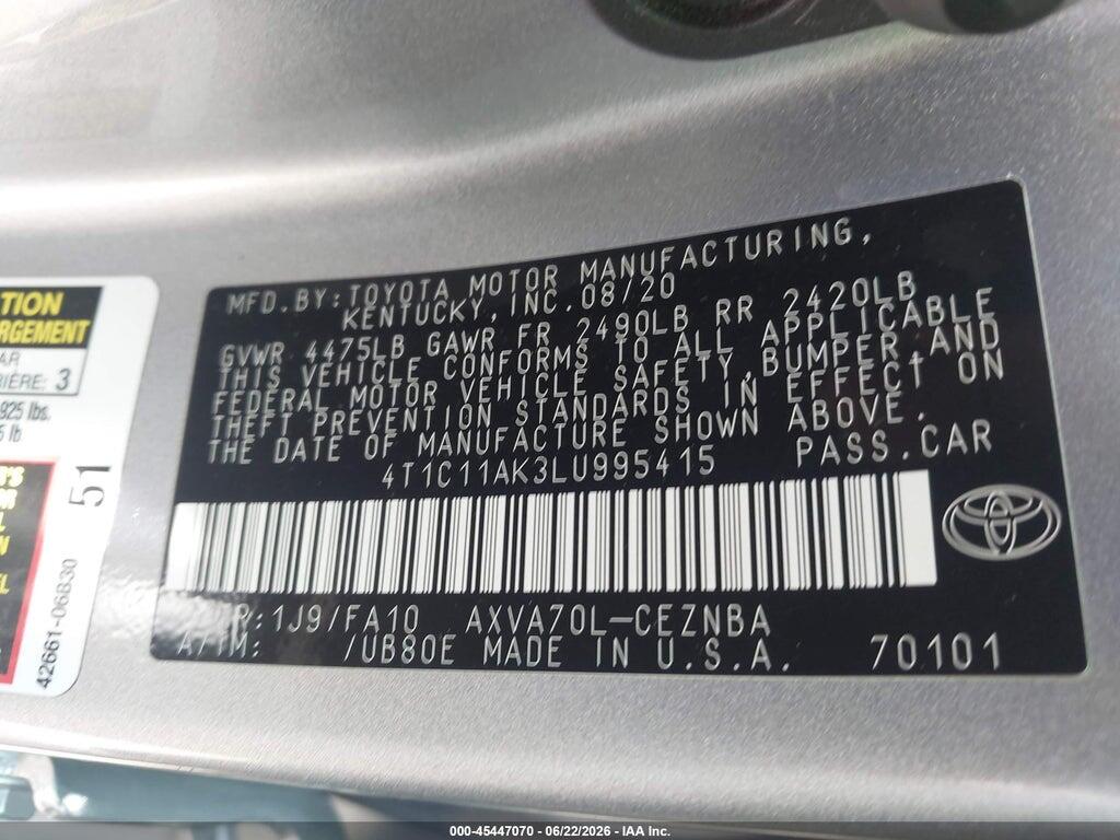 4T1C11AK3LU995415 2020 TOYOTA CAMRY photo no. 9