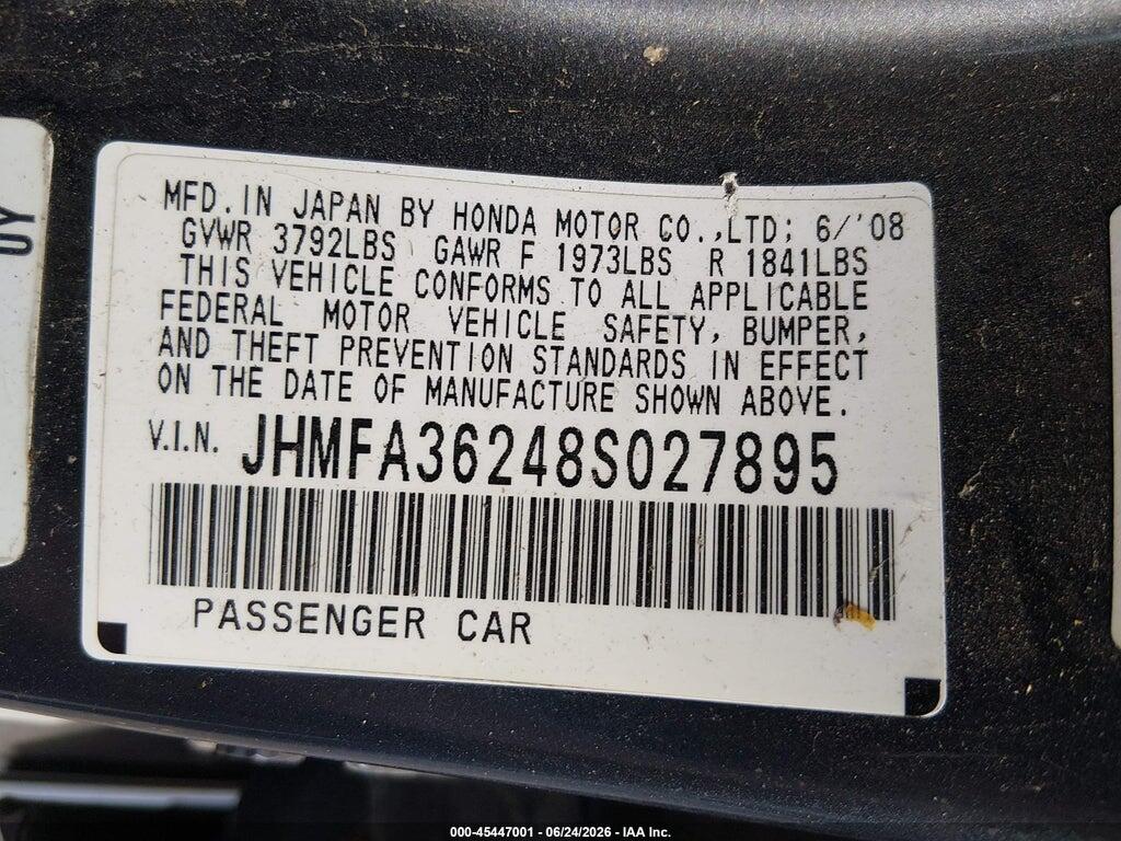 JHMFA36248S027895 2008 HONDA CIVIC HYBRID photo no. 9