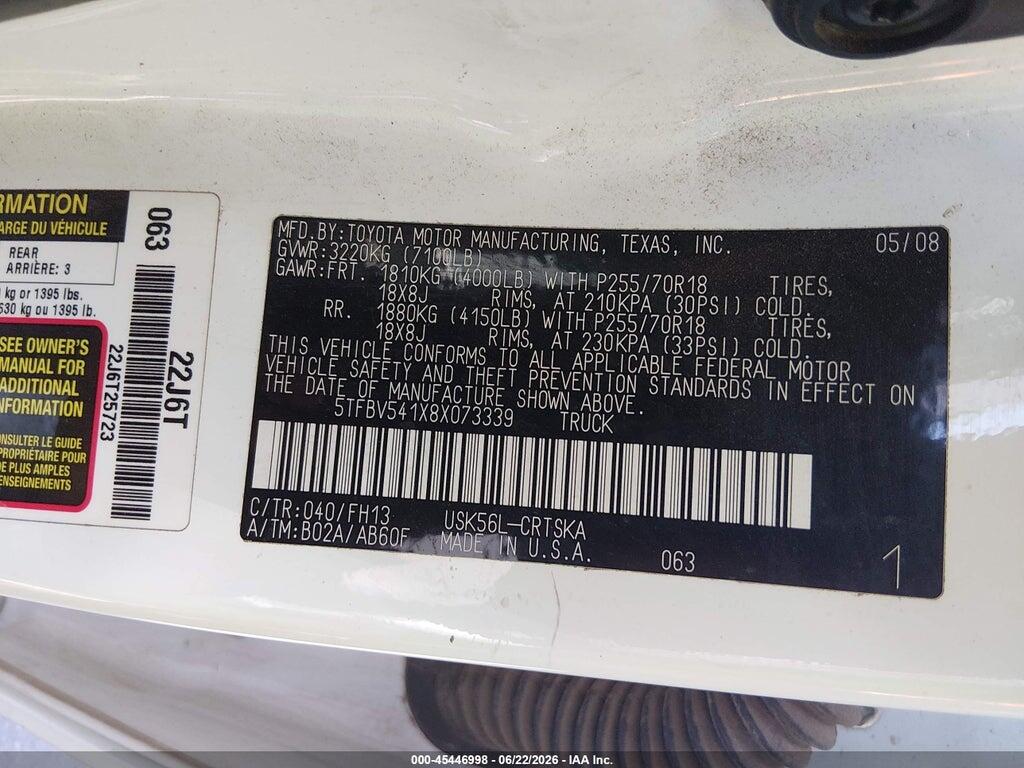 5TFBV541X8X073339 2008 TOYOTA TUNDRA photo no. 9