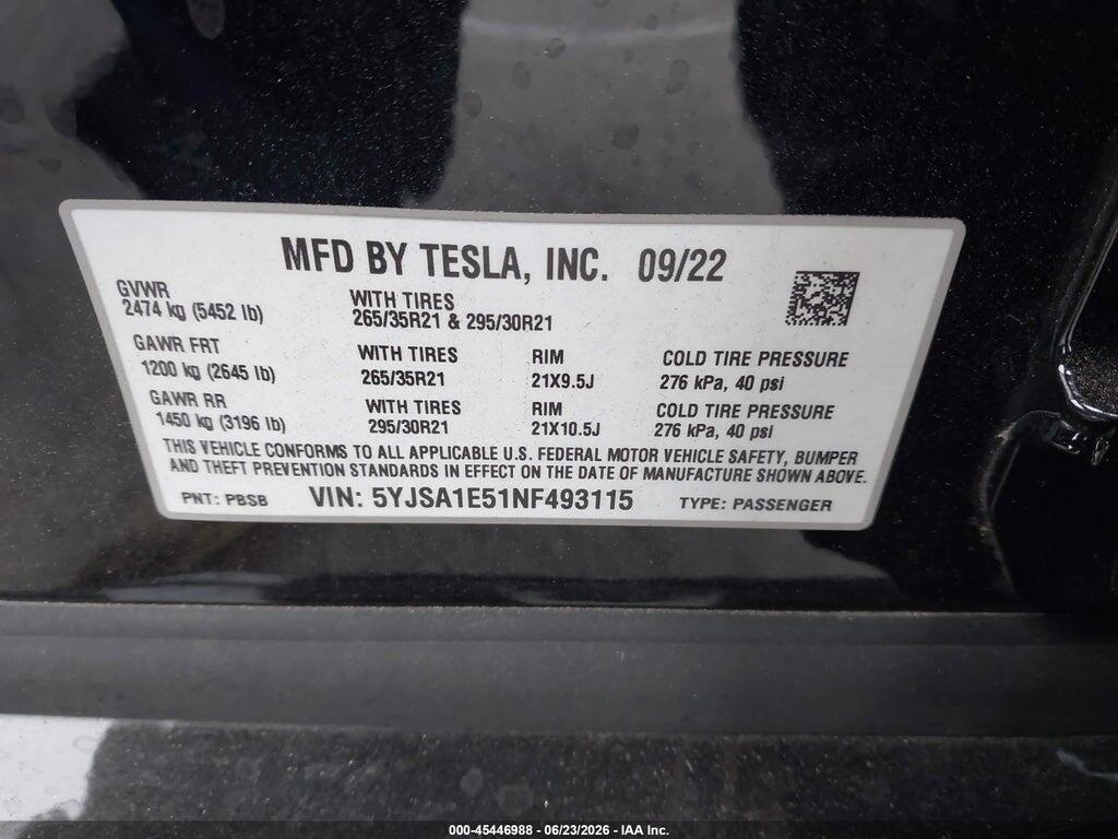 5YJSA1E51NF493115 2022 TESLA MODEL S photo no. 9
