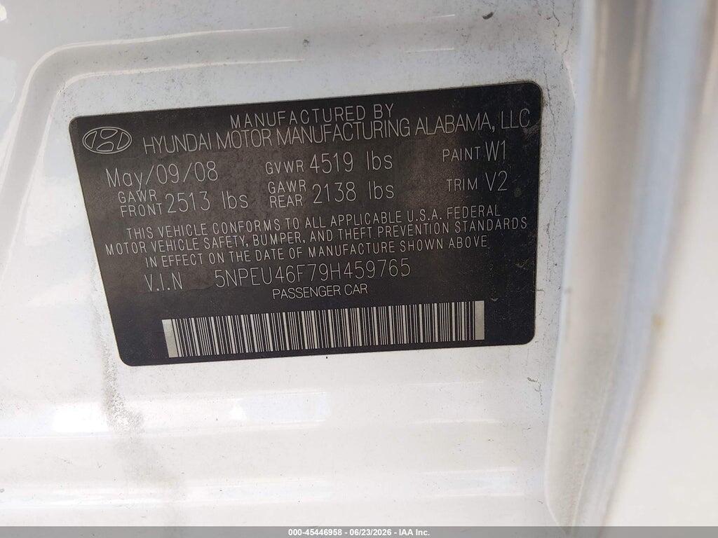 5NPEU46F79H459765 2009 HYUNDAI SONATA photo no. 9