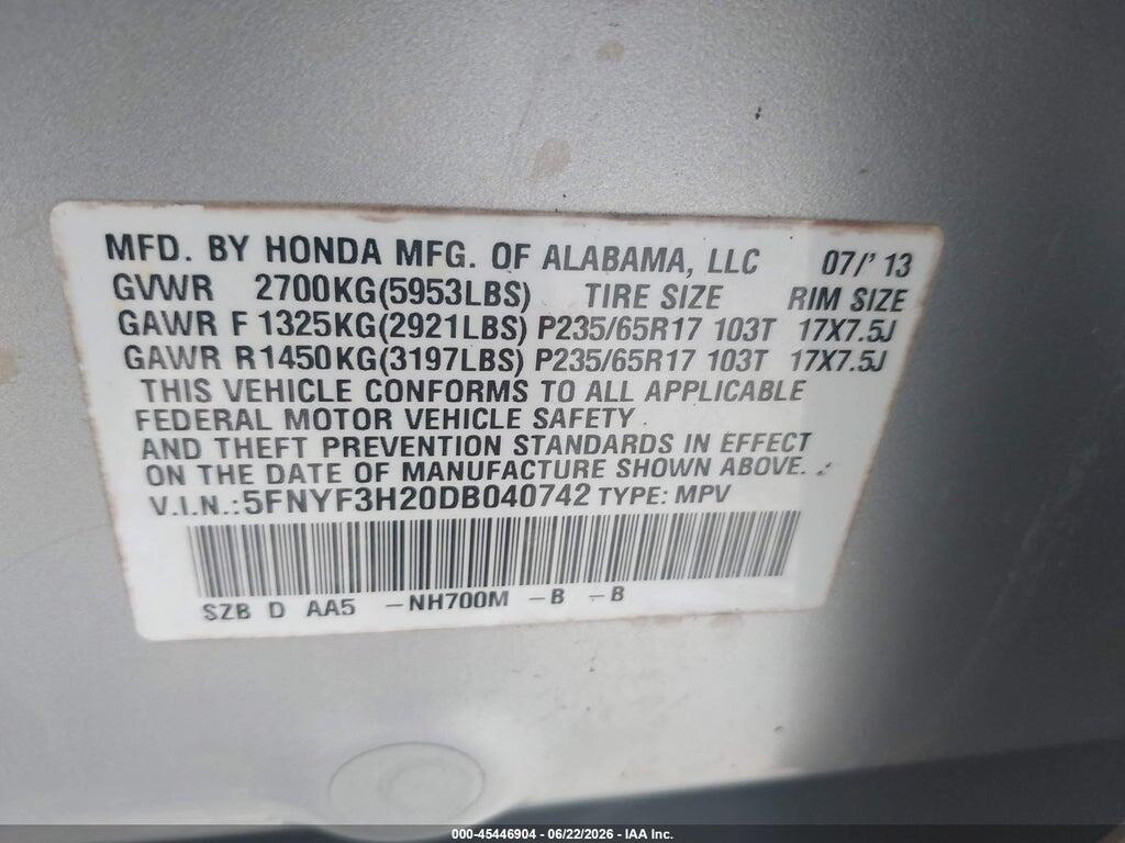 5FNYF3H20DB040742 2013 HONDA PILOT photo no. 9