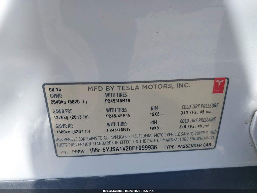 5YJSA1V20FF099936 2015 TESLA MODEL S photo no. 9
