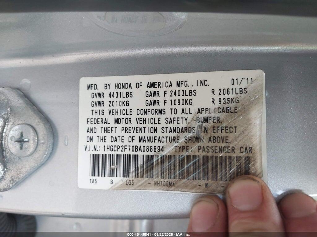 1HGCP2F70BA088894 2011 HONDA ACCORD photo no. 9