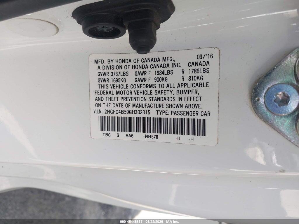 2HGFC4B59GH302315 2016 HONDA CIVIC photo no. 9