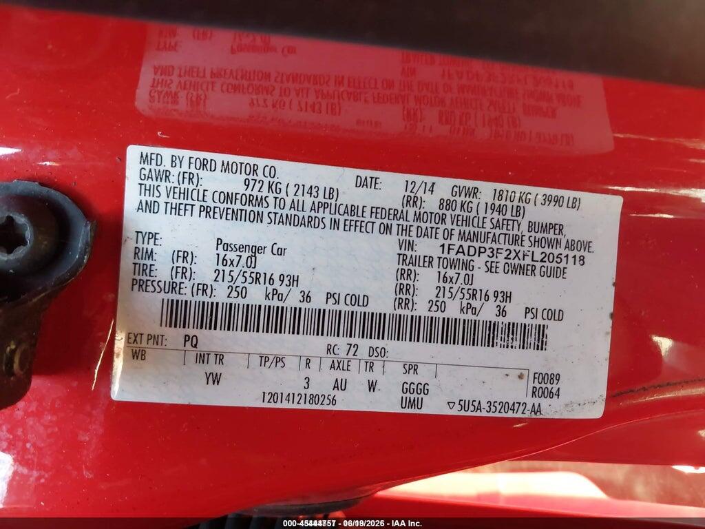1FADP3F2XFL205118 2015 FORD FOCUS photo no. 9
