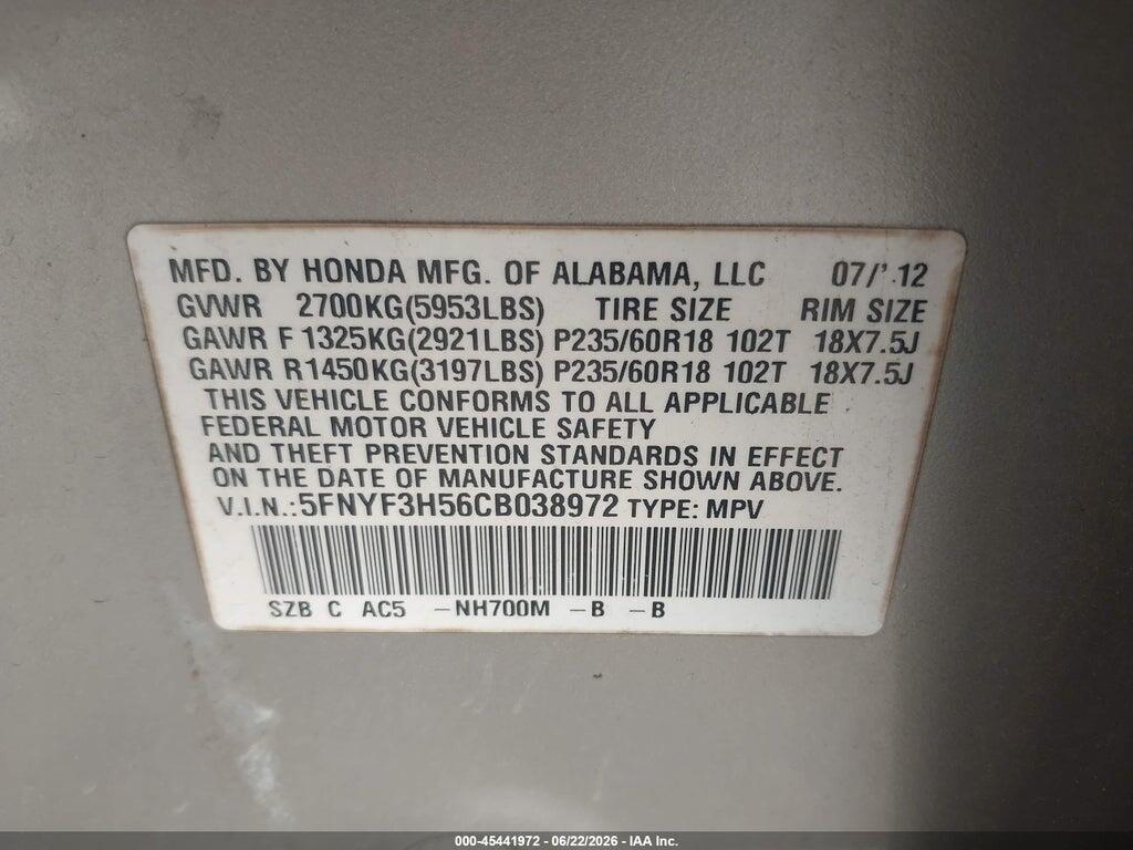5FNYF3H56CB038972 2012 HONDA PILOT photo no. 9