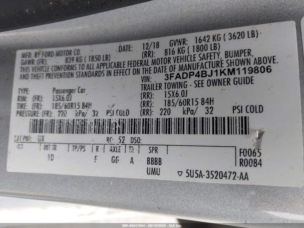 3FADP4BJ1KM119806 2019 FORD FIESTA photo no. 9