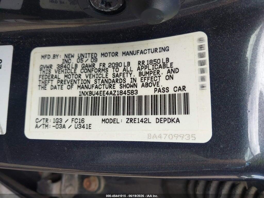 1NXBU4EE4AZ184583 2010 TOYOTA COROLLA photo no. 9
