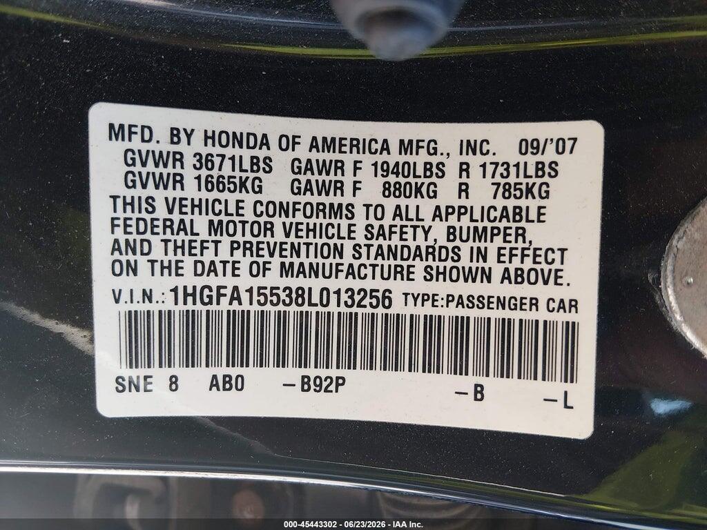 1HGFA15538L013256 2008 HONDA CIVIC photo no. 9