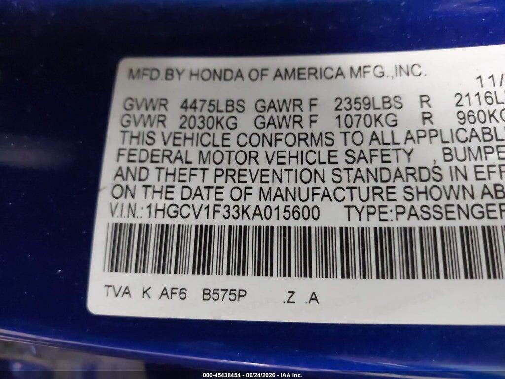 1HGCV1F33KA015600 2019 HONDA ACCORD photo no. 9