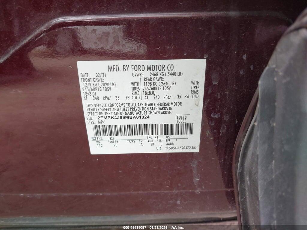 2FMPK4J99MBA01824 2021 FORD EDGE photo no. 9