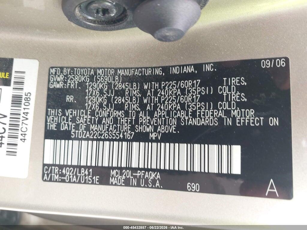 5TDZA22C26S554167 2006 TOYOTA SIENNA photo no. 9