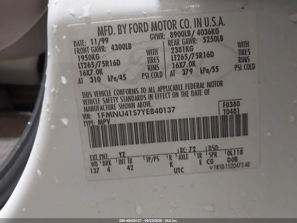 1FMNU41S7YEB40137 2000 FORD EXCURSION photo no. 9