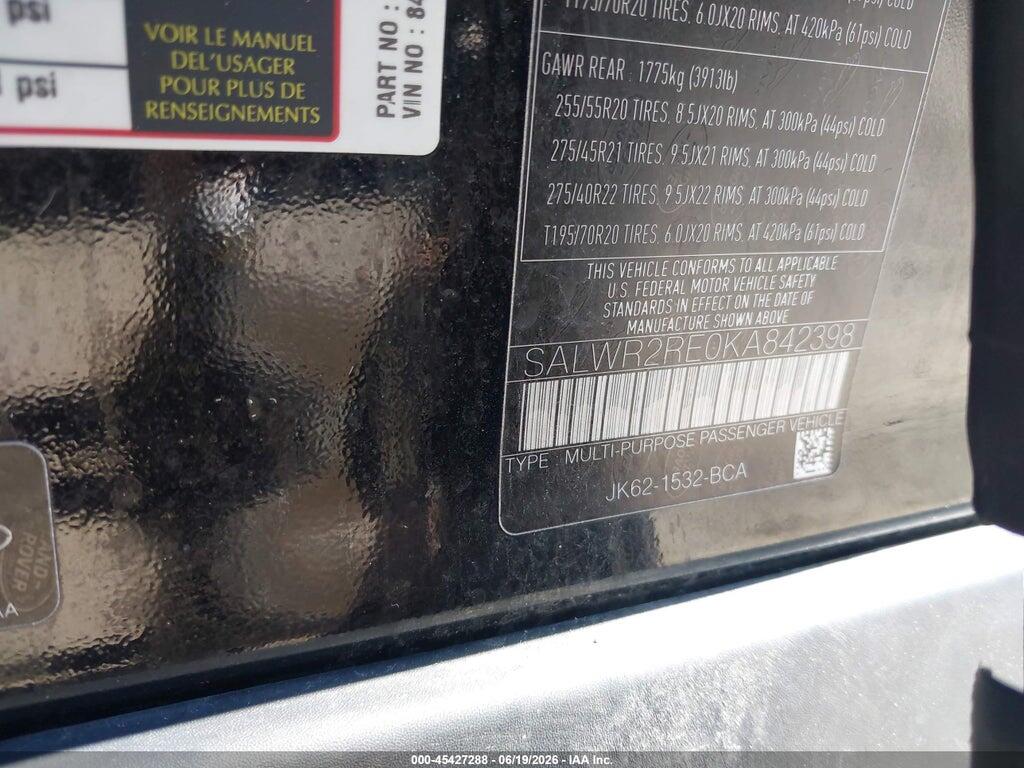SALWR2RE0KA842398 2019 LAND ROVER RANGE ROVER SPORT photo no. 9