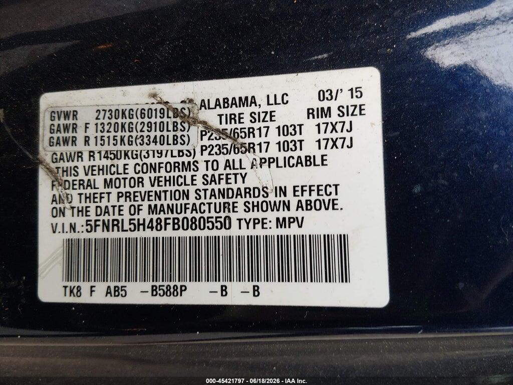 5FNRL5H48FB080550 2015 HONDA ODYSSEY photo no. 9