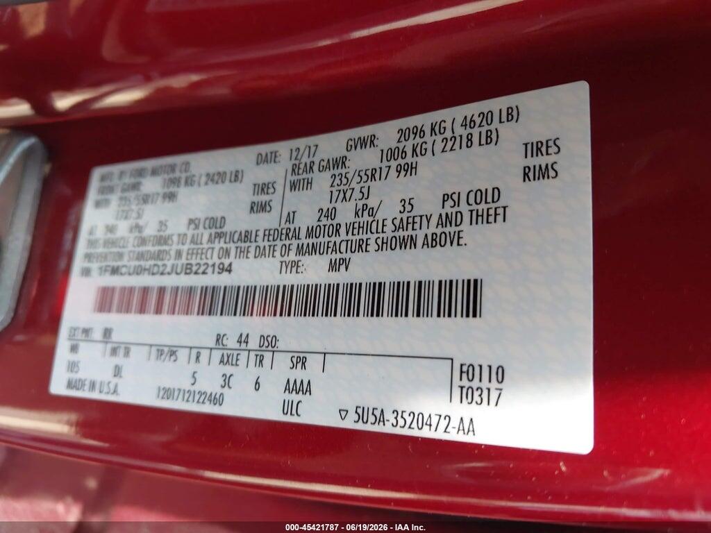 1FMCU0HD2JUB22194 2018 FORD ESCAPE photo no. 9