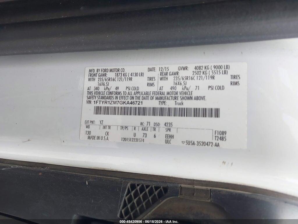1FTYR1ZM7GKA46721 2016 FORD TRANSIT-250 photo no. 9