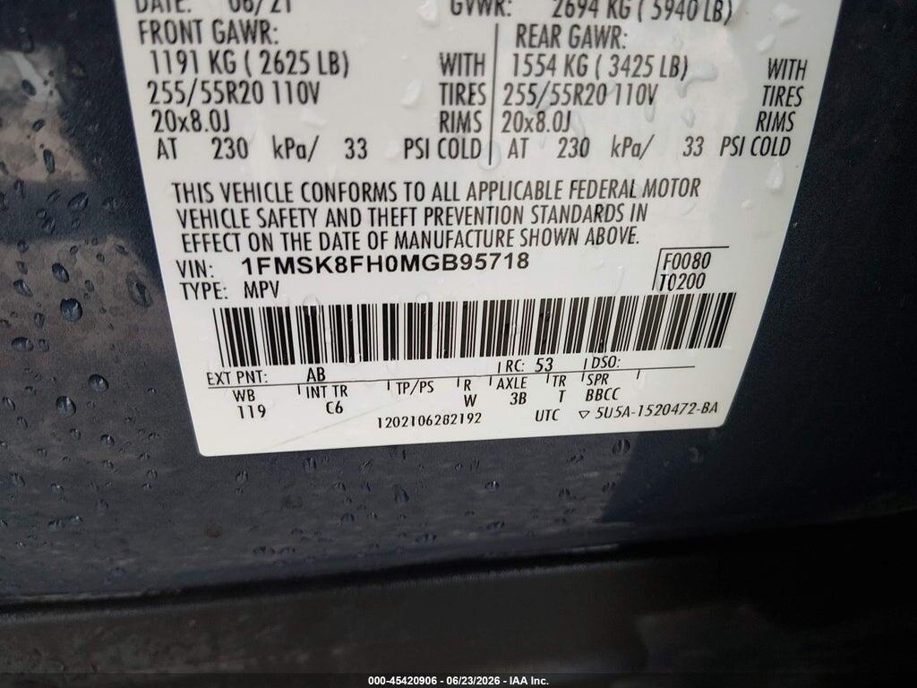 1FMSK8FH0MGB95718 2021 FORD EXPLORER photo no. 9