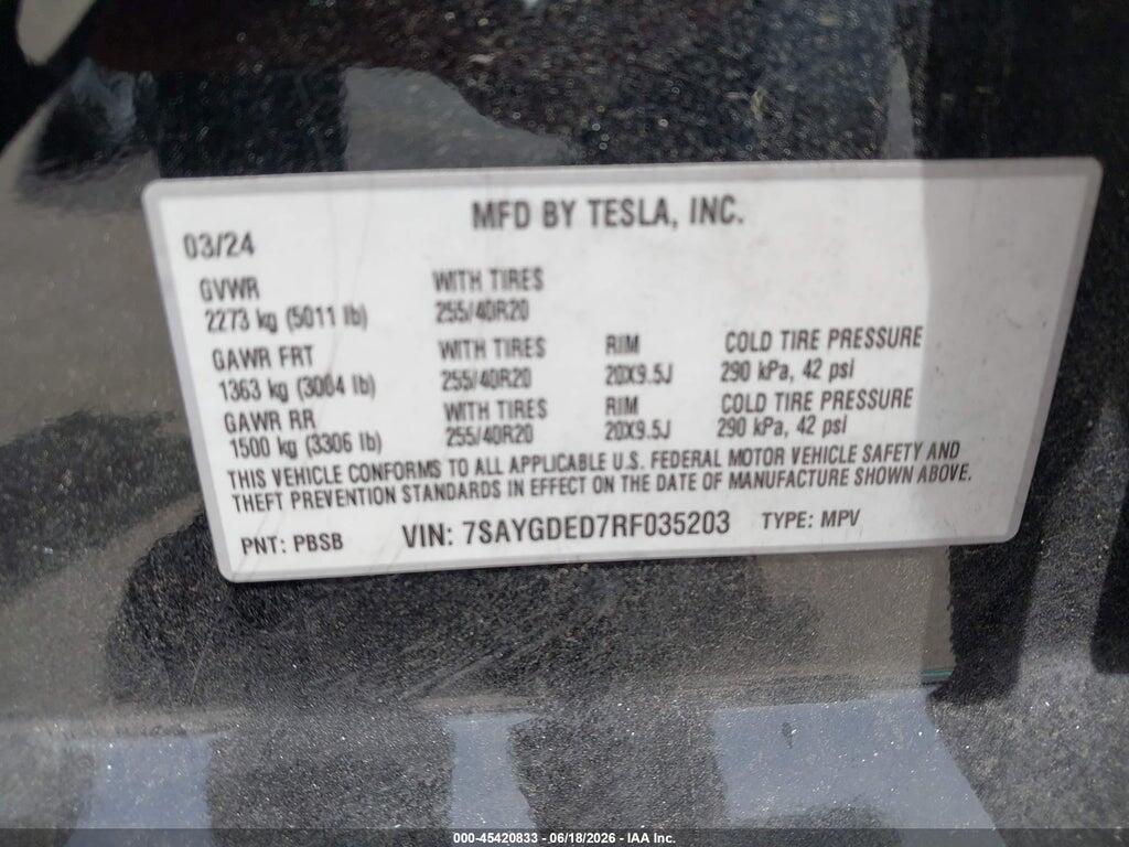 7SAYGDED7RF035203 2024 TESLA MODEL Y photo no. 9