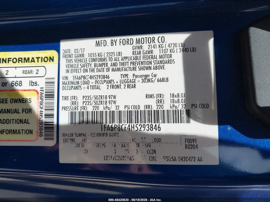 1FA6P8CF4H5293846 2017 FORD MUSTANG photo no. 9