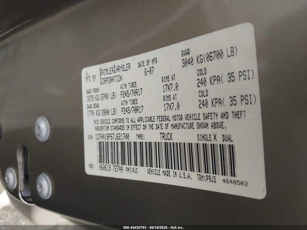 1D7HA18P67J621700 2007 DODGE RAM 1500 photo no. 9