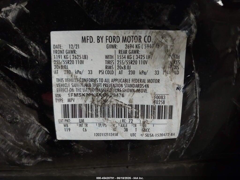 1FMSK8FH4NGA29476 2022 FORD EXPLORER photo no. 9