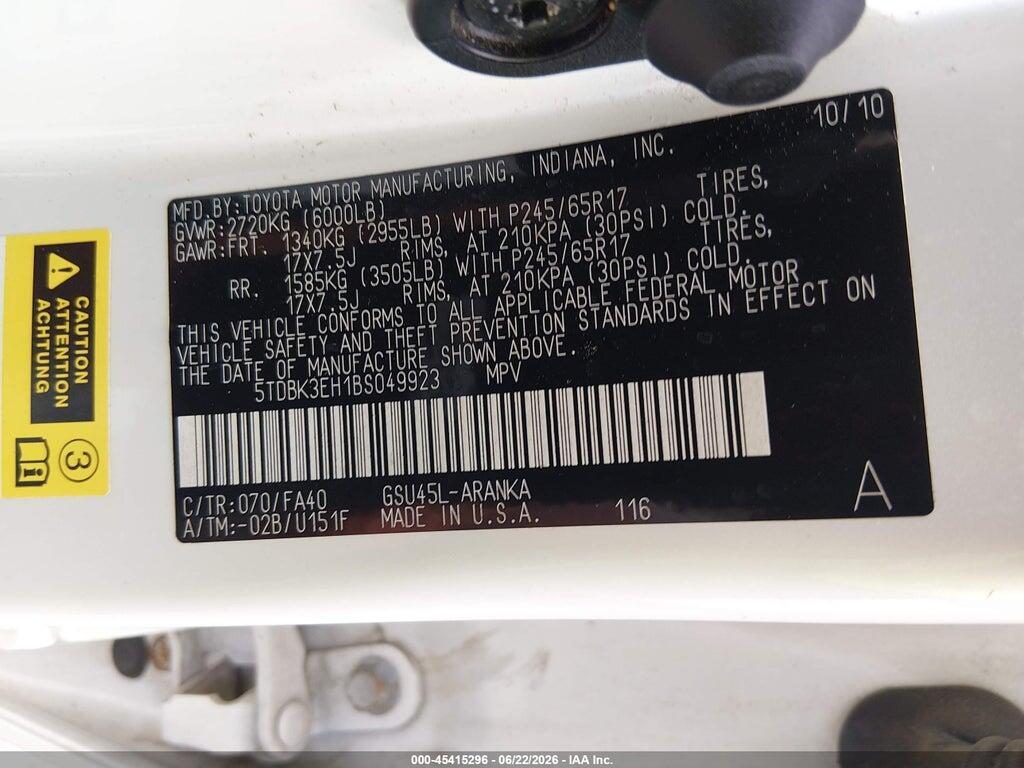 5TDBK3EH1BS049923 2011 TOYOTA HIGHLANDER photo no. 9