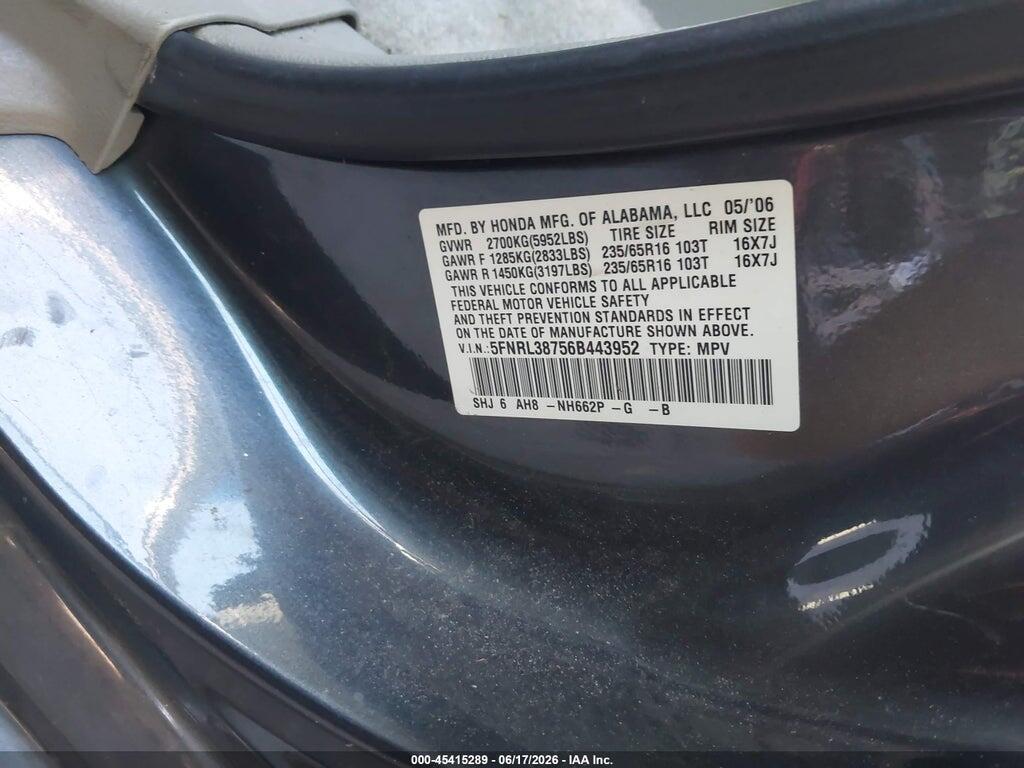 5FNRL38756B443952 2006 HONDA ODYSSEY photo no. 9