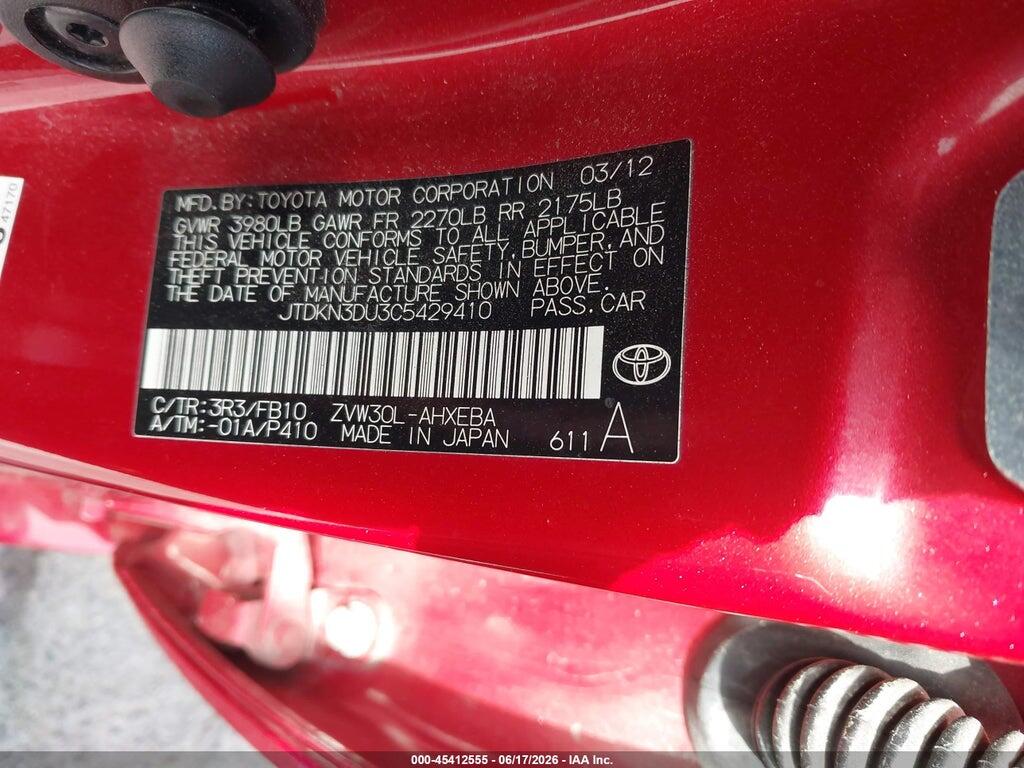 JTDKN3DU3C5429410 2012 TOYOTA PRIUS photo no. 9