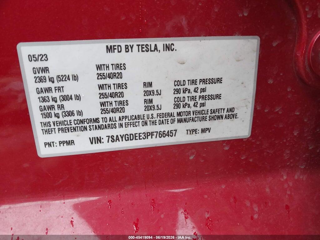 7SAYGDEE3PF766457 2023 TESLA MODEL Y photo no. 9