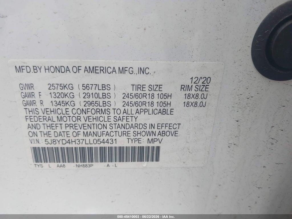 5J8YD4H37LL054431 2020 ACURA MDX photo no. 9